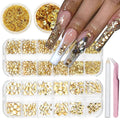 Nail Art Rhinestones Flatback Gold Nail Charms Multi Shapes Crystal Mixed Glitter Foil Design Gold Gems Accessories for Women Manicure Decorations Supplies