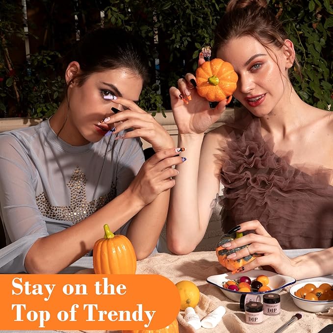 AZUREBEAUTY Dip Powder Nail Kit Starter, Orange Brown Glitter, 4 Fall Pumpkin Maple Dark Colors Set, French Halloween Nail Art Base Top Coat Activator Essential Liquid Manicure DIY Salon