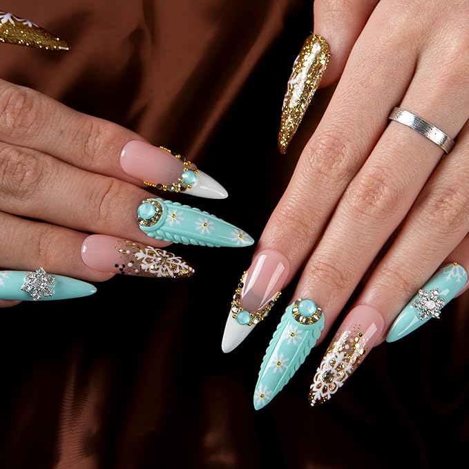 LOVFUL Short French Tip Press on Nails Gilded Snowfall | Handmade Acrylic Press ons| Reusable Fake False Nails | Stiletto Classic Regular 1.3in | H739-M