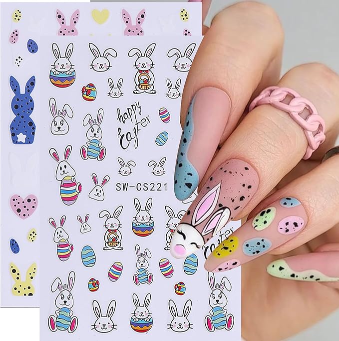 Easter Bunny Nail Art Stickers Decals 12 Sheets 3D Self-Adhesive Cute Rabbit Nail Art Stickers Easter Egg Chick Ears Designs Colorful Flower Daisy Spring Sliders Holiday Manicure Decoration