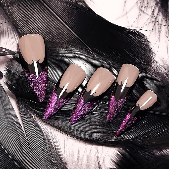 Halloween Fake Nails - Long Stiletto Press On Nails with French Tip, Bat Design, Purple Glitter, Shiny Acrylic Finish, Full Cover Glossy Stick On Nails - 24 Pcs