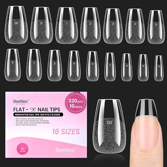 Beetles Gel Nail Tips Flat-X - Coffin Short, 320pcs 16 Sizes, Pre-Etched Half Matte Full Cover Soft Acrylic Press on False Nail Extension Tips Easy DIY Salon Art for Flat & Natural Nail Beds