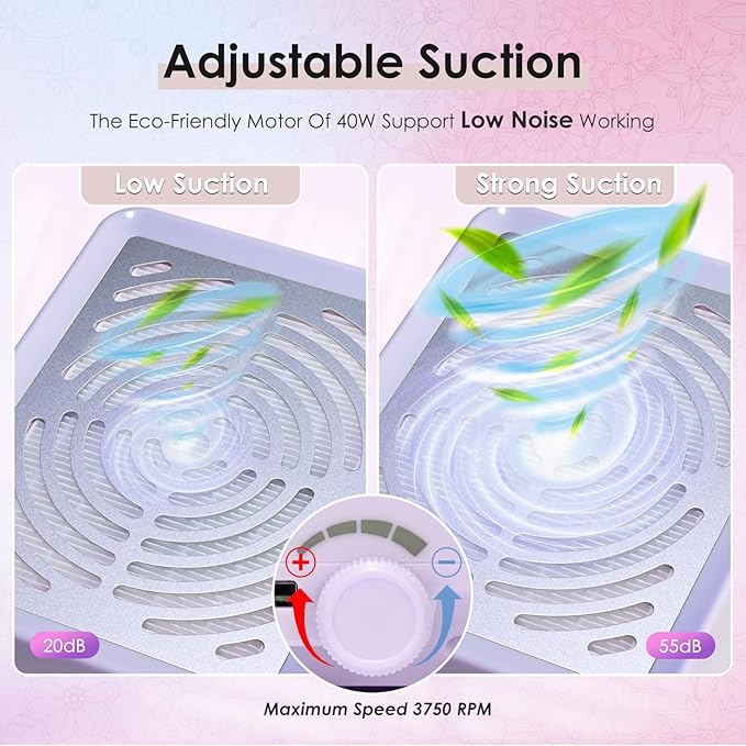 Nail Dust Collector with Lamp&50pcs Disposable Filter&Dusting Brush, Electric Nail Vacuum Cleaner Dust Fan Suction Machine for Manicure Acrylic Gel Nails Polishing, Low Noise, Salon Home (Purple)
