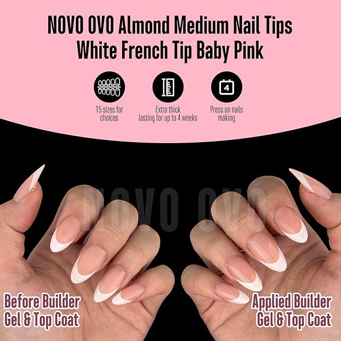 NOVO OVO White French Tip Almond Nail Tips Press on BABY PINK, Extra Thick Medium Soft Gel Fake Nail Acrylic Extension, Need Builder Gel Top Coat, No Glue Included, for Salon DIY x 15 Sizes 240 pcs