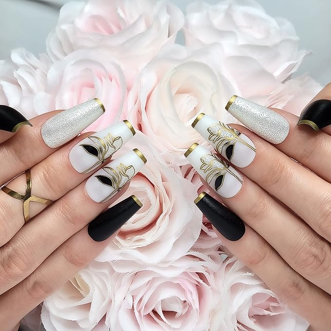 Hypnaughty 24 Pcs Black Flower Luxury Coffin Press on Nails with White Glitter and Flower Design and Gold French Tips with Glue Medium Long False Nails (Black Flower)