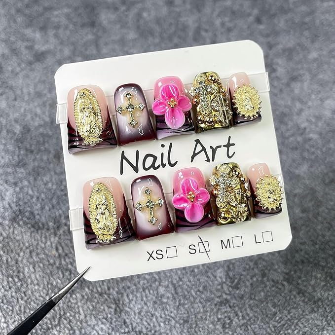 Luxury Pink Flower Press on Nails Handmade 3D Golden Embossed Fake Nails Designs Rhinestones Gradient French Tip Stick on Nail Glossy Short Duck Thicked Acrylic Nails for Women (M)