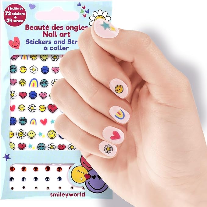 Smiley Nail Stickers – 1 Sheet with 72 Stickers + 24 Rhinestones – Self-Adhesive Nail Art for Girls – Fun Activity & Gift Idea for Birthdays, Crafts, Party Bags and Playdates