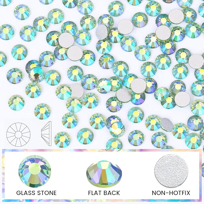 Light Green AB Rhinestones Crystals Rhinestone for Crafts Glass Flatback Nail Gems and Rhinestones for Nails Art Makeup Bags Shoes Decoration DIY(SS20, 1440pcs, Light Green AB)