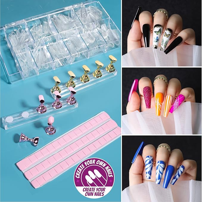 Teenitor Acrylic Fake Nails Kit, Press On Nail Supplies with Clear Coffin Nail Tips Nail Stand Nail Art Brushes Dotting Pen Glitter Sequins Sticker Rhinestones Nail Decorations Press On Nails Kit