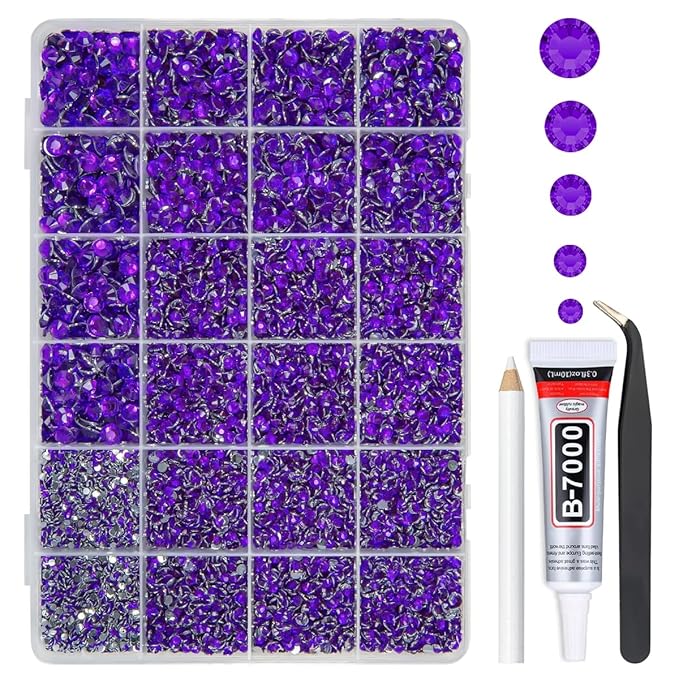 Mystique Purple Crystal Resin Rhinestones w B7000 Glue for Bedazzling Crafting 2mm-6mm Flatback Stones Diamonds Gems Bedazzler Kit for Nails Face Eyes Makeup Tumblers Bottles DIY Crafts Shoes