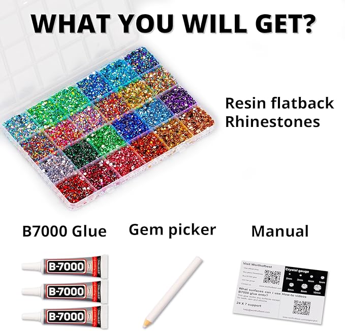33000Pcs Rhinestones for Bedazzling, 3mm Bedazzler Kit with Flatback Rhinestones for Clothes Crafting Crafts Nails Clothing, Flat Back Resin Rainbow Colorful Colored Crystal with B 7000 Glue Clear