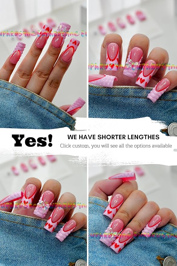 Euphrosyne Valentine Press On Nails – 10pcs Long Coffin Fake Nails in Pink with Red Heart Prints, Glitter Bows & Crystal Charms | Romantic Kawaii Stick-On Nails for Girls