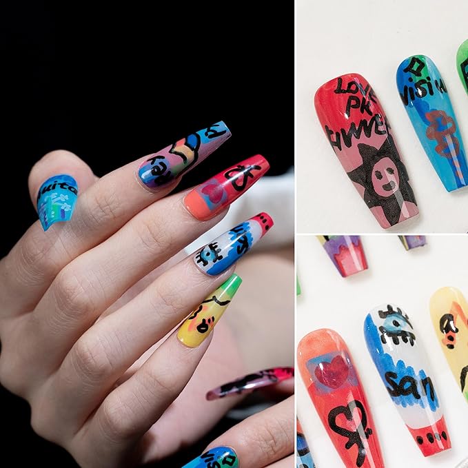 Sun&Beam Nails Handmade Press-on Long Coffin Ballerina Red Blue Hand-Painted Summer Glam Design Fashion False Nail Tips 10 Pcs Set (#270 XS)