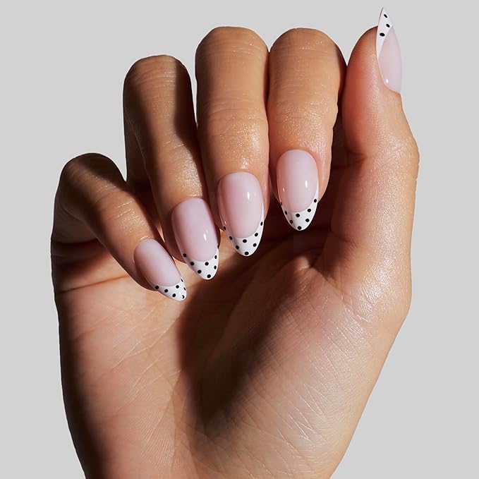 Nail Art Press-Ons | Milky Polka, Short Almond Nails, Reusable | 16 sizes - 32 Nails Kit with Super-hold Nail Glue and Sticky Tabs