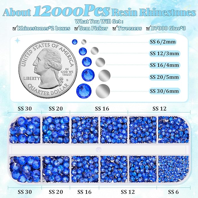 12000Pcs Resin Rhinestones for Bedazzling with 3Pcs B7000 Jewelry Glue, 2 Boxes Royal Blue Flatback Rhinestones for Crafting Crafts DIY, Crystals Gems for Clothing Shoes Tumblers Nail Art Makeup