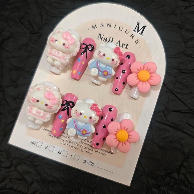10Pcs(1Pack) Handmade Press On Nails 3D Flower Nails Cute Catoon Piglet Nails for Women Party Holiday Daily Wear Size S