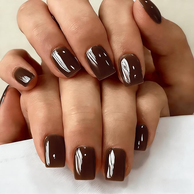 Chrome Dark Brown Press on Nails Short Square, Glazed Short Fake Nails with Sparkle Mirror Design, Shiny Glitter Glue on Nails with Glue, Cute Gel Nail Press ons for Fingernail 30 Pcs
