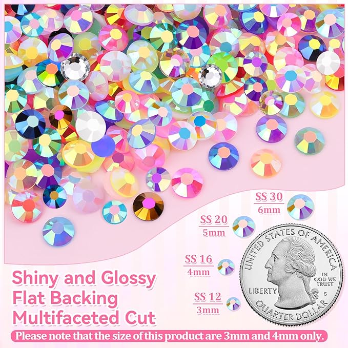 30000Pcs Resin Rhinestones for Bedazzling Kit, 2 Boxes Multicolor 3mm&4mm Bedazzled Crystal, Flatback Gems with 3Pcs 10ml B7000 Jewelry Glue for DIY Crafts Clothing Nail Art Makeup