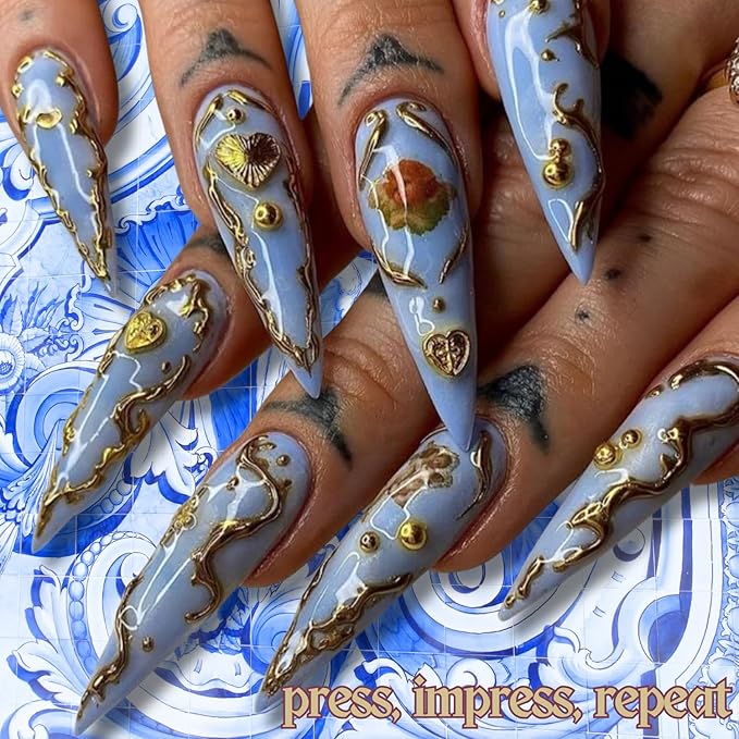 ARYANA NEW YORK Luxury 3D Press-On Nails – Handmade Long Stiletto False Nails for Women, Acrylic Look Blue Design with Gold Beads | Blue Angels Collection (Medium)