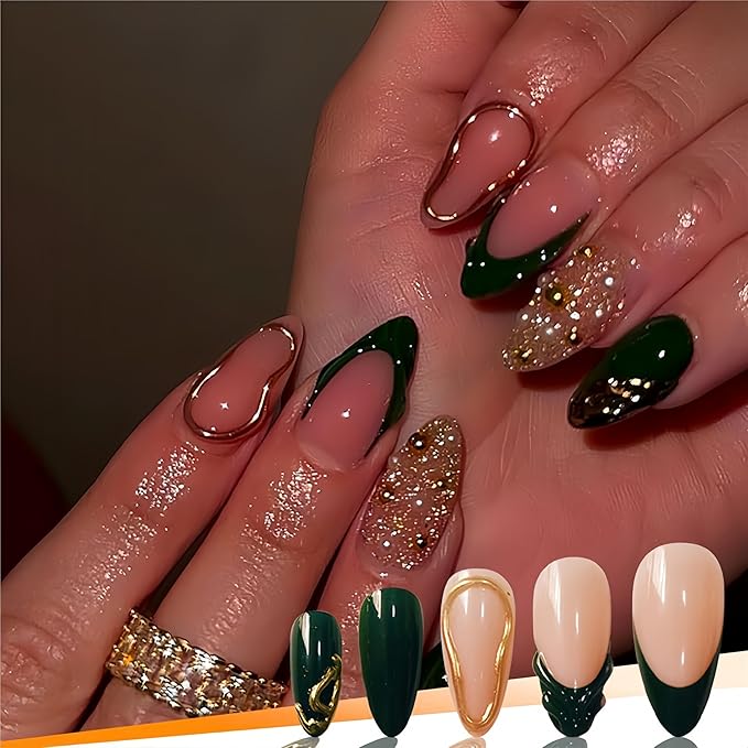 Short Press on Nails Almond Fake Nails French False Nails Green Artificial Nails with Gold Charm Designs Acrylic Nails Press ons Sparkly Stick on Nails for Women 24pcs