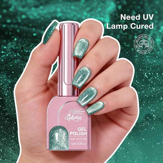 Green Cat Eye Gel Nail Polish with Magnetic Stick - 12ML Glitter Magnetic Nail Polish for Multiple 3D Effects, Soak Off UV LED Gel Polish for DIY Manicure Salon Gifts for Women