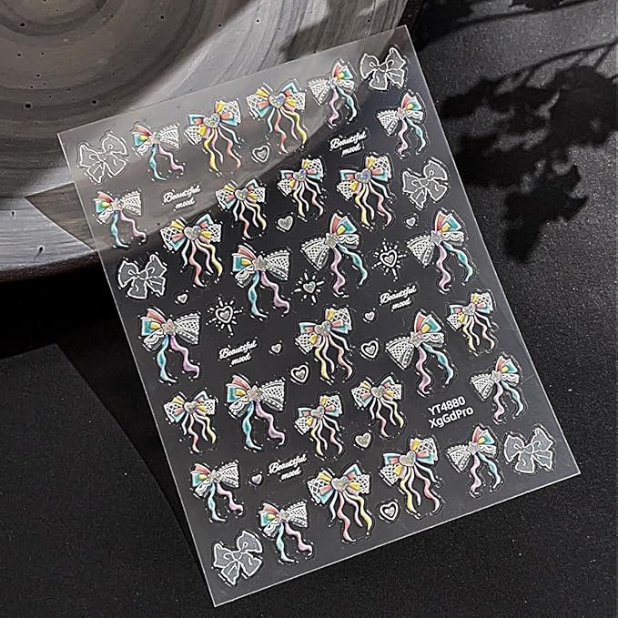 5D Bow Nail Stickers for Nail Art Colorful Lace Ribbon Bow Nail Decals Embossed Valentines Nail Art Stickers Self Adhesive Cute Star Heart Nail Decorations Supplies for Women Wedding Manicure 1Sheets