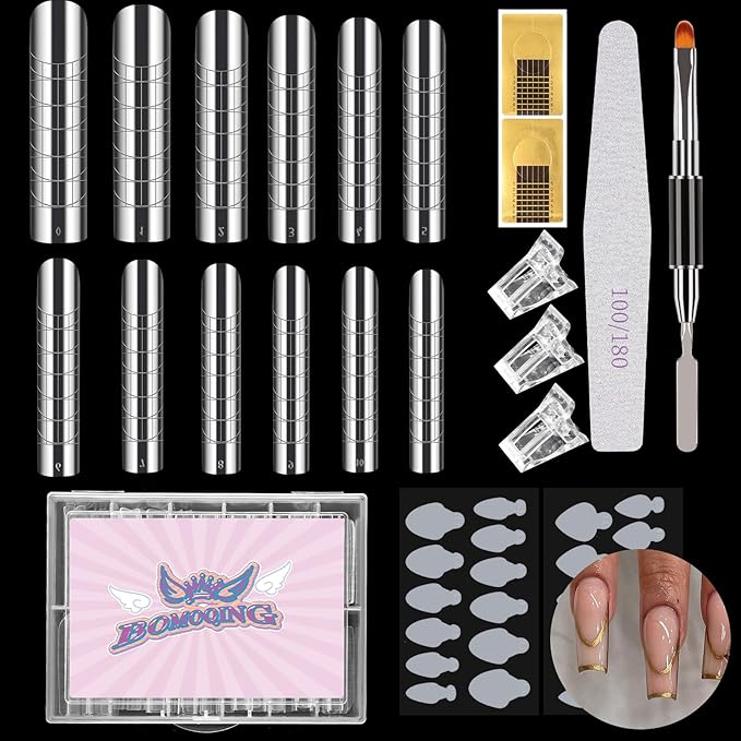 120 PCS Dual Nail Forms with 100 PCS Nail Forms for Gel Nail Poly 24 PCS Duet System Forms, Full Cover Long Coffin Nail Forms for Builder Gel Nail Art Design Salon&DIY/042