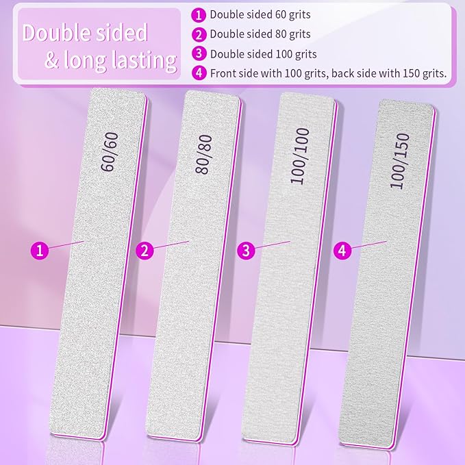 Nail Files 100/100 Grit Washable 25pcs Double Sides Nail File for Natural Nails and Poly Nail Extension Gel Fingernail Files for Nails