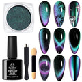 Beetles Cat Eye Chrome Nail Powder Set, 2 in 1 Holographic Metallic Mirror Effect Chameleon Galaxy Powder with No Wipe UV Gel Top Coat Magnet for Velvet Metallic Nail Art