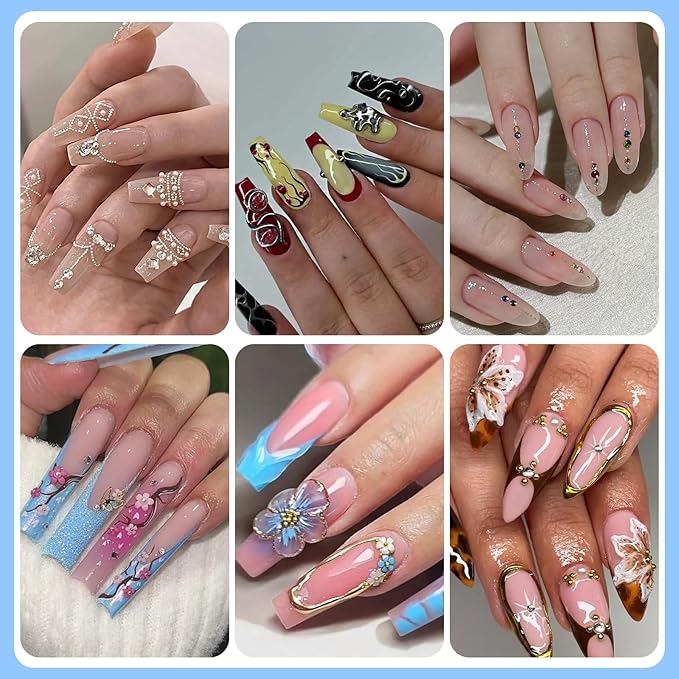 Nail Charms and Gems, Nail Art Kit with 30 Sheets Flower Nail Stickers, 6 Boxes 3D Nail Charms Colorful Clear Flatback Rhinestones Pearls, Diamonds,Picker Tools,Beads Pearls for Nails Art