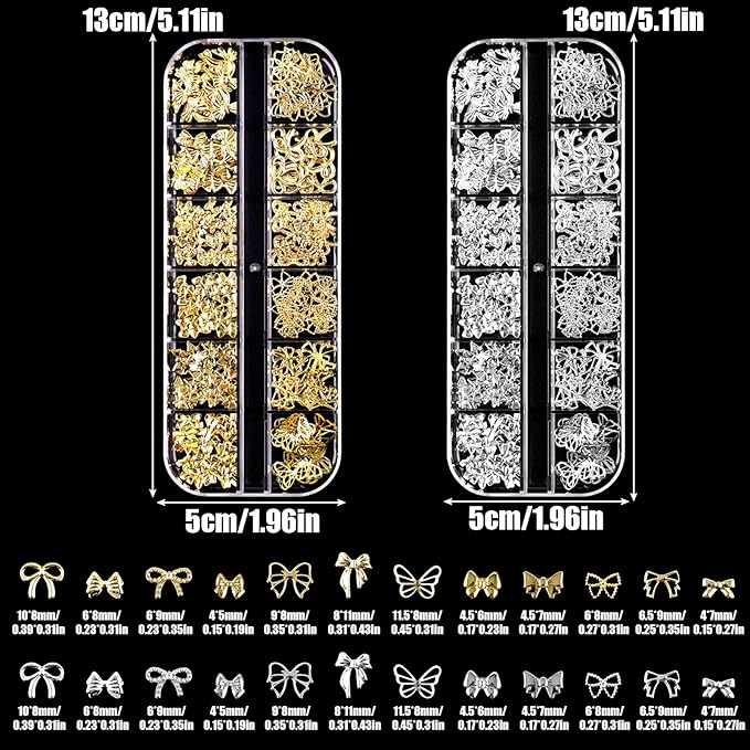 Gold Silver 3D Nail Charms, 2Boxes 24Grids Bow Star Nail Gems Nail Studs,Punk Metal Alloy Rivet Stickers Bowknot Nail Art Decorations Accessories for Nail Art Design DIY Crafts (Gold Silver C)