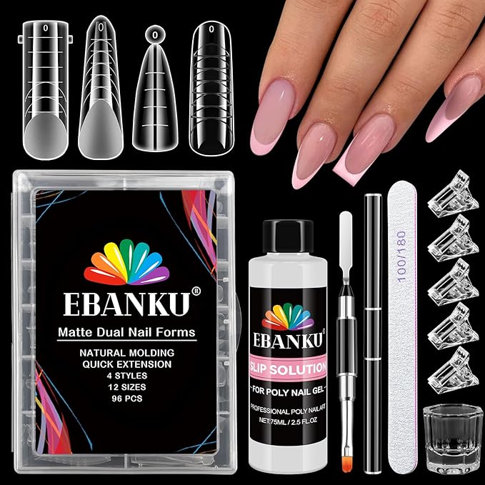 EBANKU Poly Gel Nail Forms - 96PCS Dual Forms for Builder Nail Extension, 4 Style 12 Size Dual Forms Set with 2.5oz Slip Solution, Brush, File, 5PCS Clips