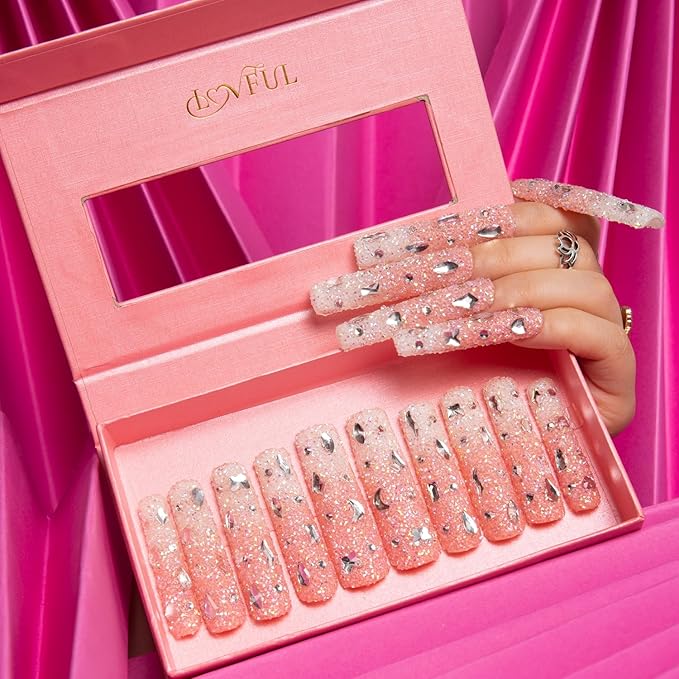 LOVFUL Press on Nails Berry Shake | Handmade with Full Covered Crystals | Reusable Fake Nails | Square | H56-S, pink