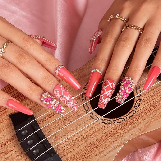 LOVFUL Press on Nails Rose Whispers | Handmade with Full Covered Crystals | Reusable Fake Nails | Coffin Classic Regular 1.3 in | H158-L