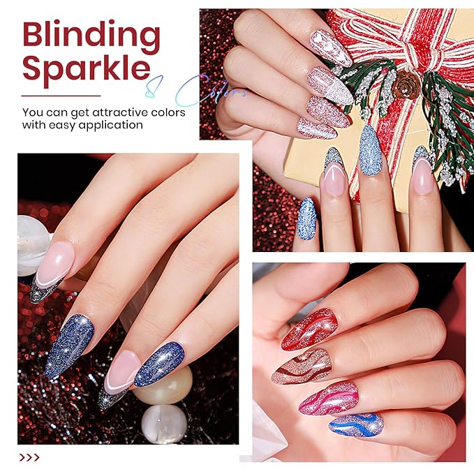 MIZHSE Reflective Glitter Gel Polish, 8 Colors Red Silver Reflective Gel Polish Holographic Christmas Shiny U V LED Soak Off Sparkly Gel Nail Polish for Nail Salon Home DIY Manicure