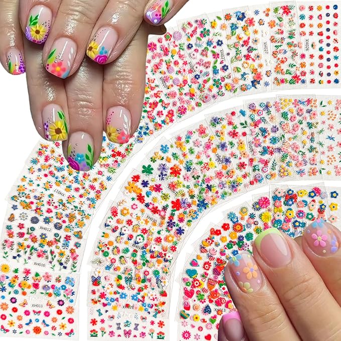 30 Sheets Flower Nail Art Stickers Colorful Flower Nail Stickers for Nail Art 3D Self-Adhesive Floral Designs Nails Decals Spring Nails Supplies for Women Girls Manicure Decorations