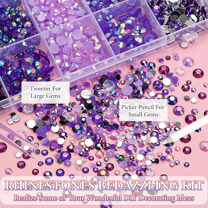 22300Pcs Flatback Purple Rhinestones for Bedazzling, 3mm-6mm Jelly Bedazzling Resin Gems, Purple Gems AB Bedazzling Kit for Crafting Nails Face Makeup Crafts Tumblers