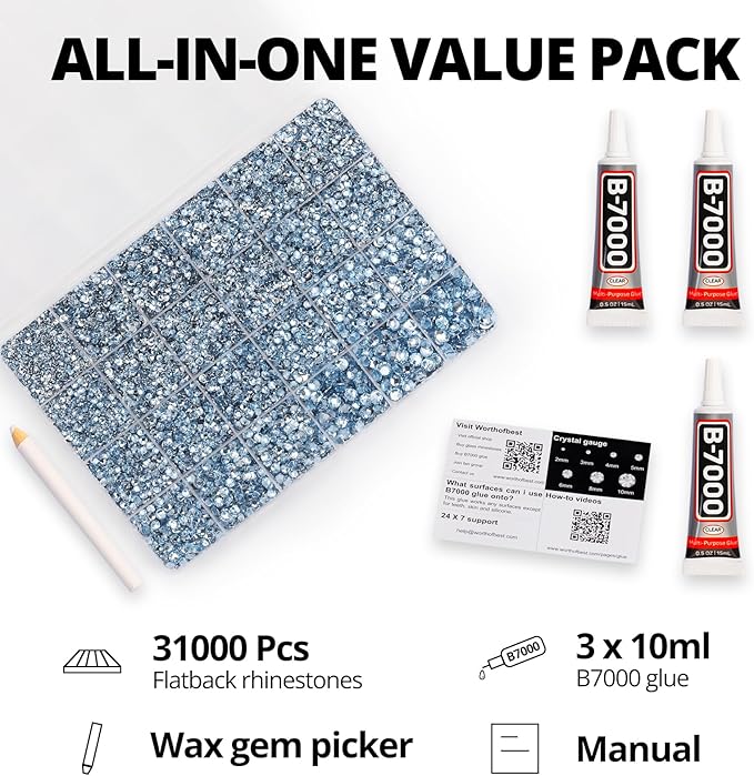31000Pcs Light Blue Resin Rhinestones for Bedazzling, 2-6mm Mixed Sizes Flatback Bedazzle Kit, Bedazzled Flat Back Gems Jewels Diamonds Gemstones Crystal with Glue for Crafting Clothes Crafts