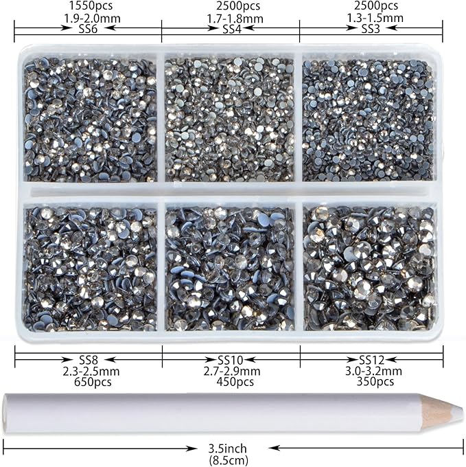 NCB Hotfix Iron on 8000pcs Crystal Rhinestones Round Gem for Crafts Decoration DIY Jewelry Making with a Picking Pen (Black Diamond, 6Sizes SS3-SS12)