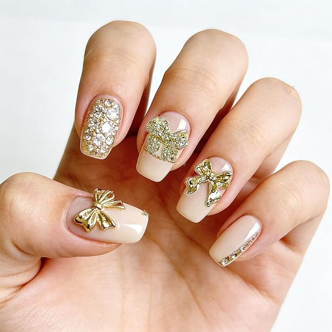 240 Pcs Gold Bow Nail Charms, Golden Bows Nail Art Studs for Acrylic Nails, 3D Alloy Bow Bowkont Nail Art Charms, Gold Bows Nail Art Charms Jewelry for Nails DIY Y2K