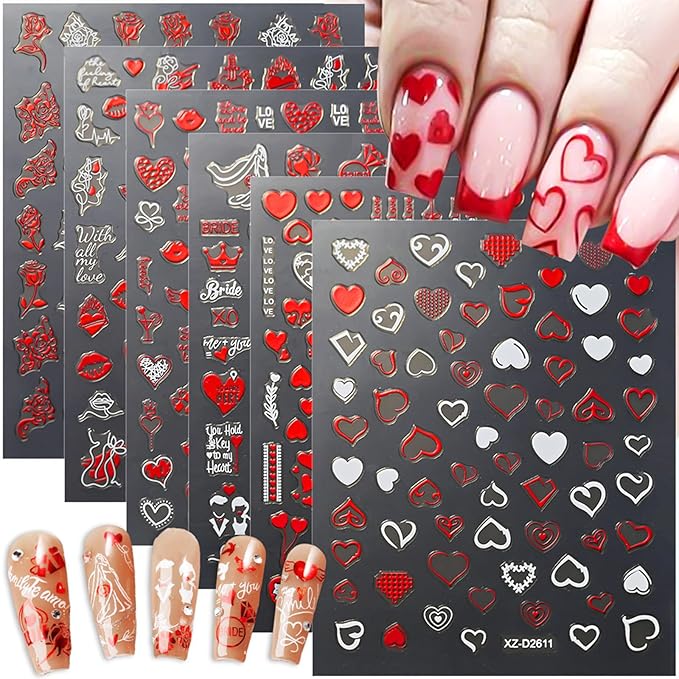 Valentines Nail Art Stickers Heart Nail Decals Glitter Charms Rose 3D Self-Adhesive Lipstick Mark Valentines Day DIY Date Nail Supplies Decorations for Women Girls 6 Sheets