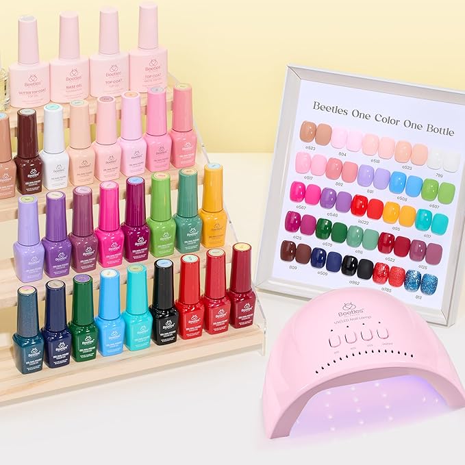 Beetles Gel Nail Polish Kit with U V Light - 25 Colors Valentines Gel Polish Set 51 Pcs Imprints of Time Nail Kit One Color One Bottle with Top &Base Coat Beauty Must Have DIY Salon Gifts for Women