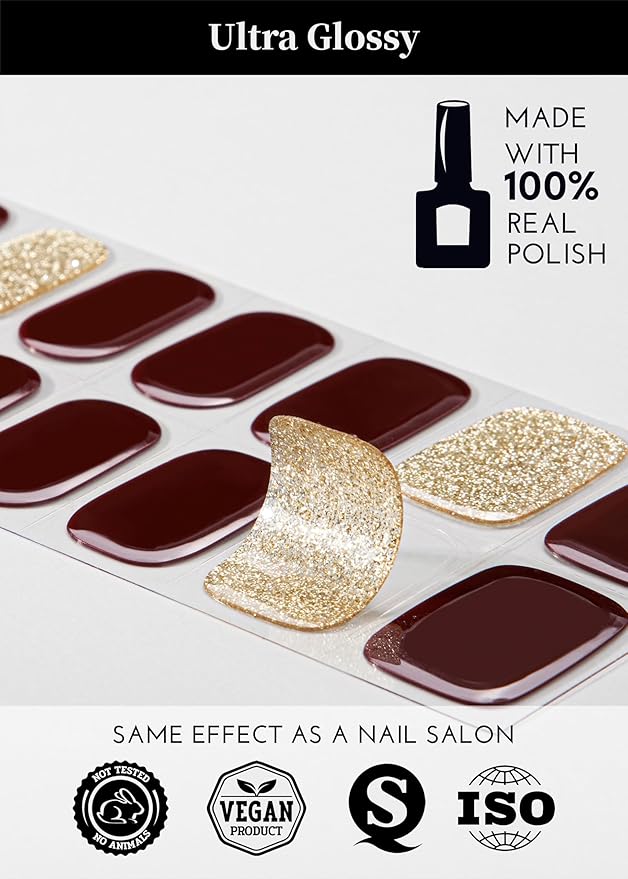 Semi Cured Gel Nail Strips, 20Pcs Long Lasting Salon Quality Wraps, Easy Apply & Remove Gel Nail Stickers with UV Light (Sparkling Garnet Red)