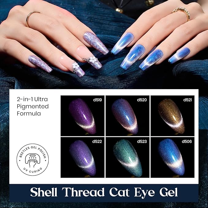Beetles Cat Eye Gel Nail Polish Set 6 Colors, Glitter Red Shiny Burgundy Purple Magnetic Effect with Beetles 6 Colors Cat Eye Purple Pink Gel Nail Polish Set with Magnet and Double-ended Pen