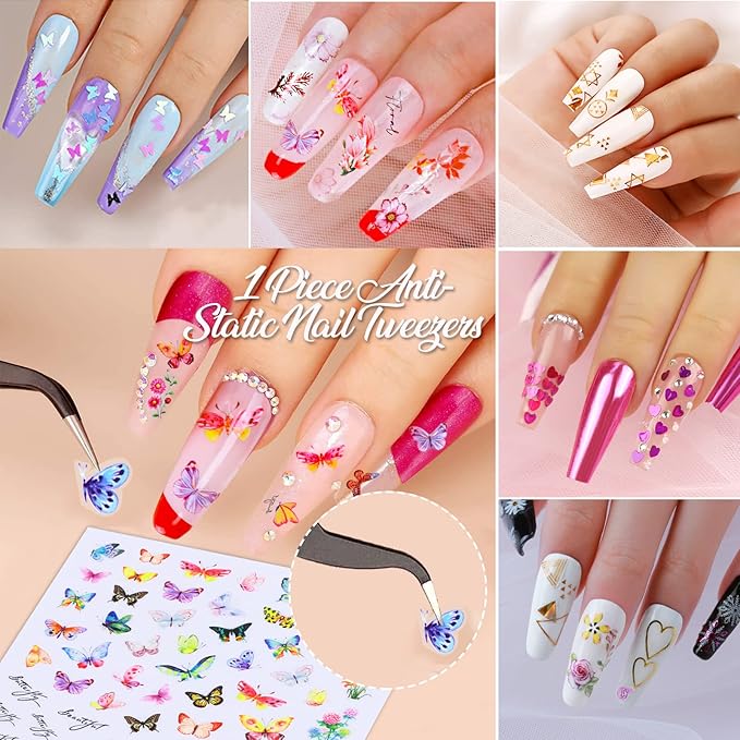 Nail Art Sticker, 12 Sheets Nail Art Stickers Flower Nail Stickers Decal 3D Self-Adhesive, Teenitor Nail Art Decoration with Nail Glitter Butterfly Sequins Nail Foils Nail Flower Slices