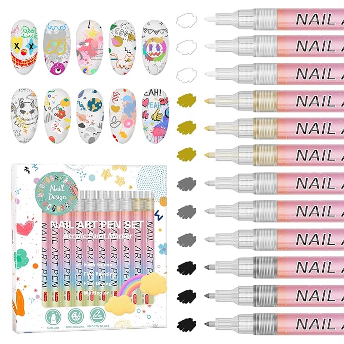 12 Colors Nail Art Pens Set, Nail Art Markers Polish Pens for Nail Art Quick Drying 3D Acrylic Paint Markers for Painting Dotting Liner Pen Nail Salon DIY Design Kit(0.7mm)