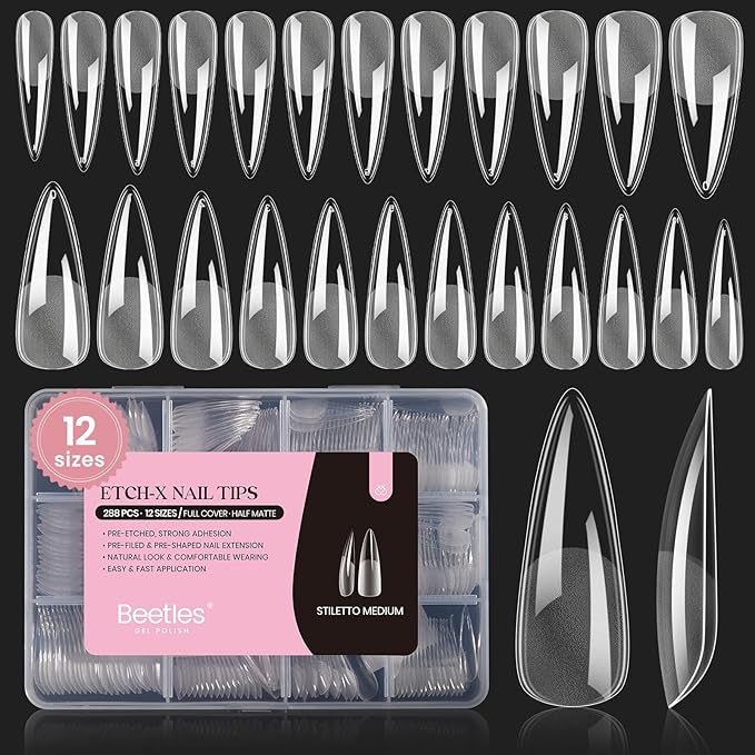 Beetles Gel Nail Tips Stiletto Medium, 288Pcs 12 Sizes Pre-Etched Half Matte Full Cover Soft Acrylic False Nail Tips Pre-Shaped Easy DIY Etch-X Nail Extension Salon Gift for Women