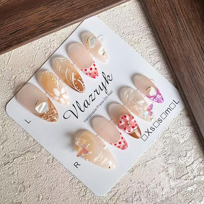 Handmade Press-On Nails – Medium Almond French Tip 3D Butterfly & Brown gradient Flowers Nails,Salon-Quality Reusable Fake Nails,Handcrafted Multi-Layer Gel & Acrylic Nails (10PCS)