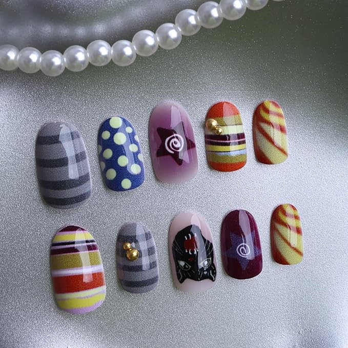 Press on Nails Short Oval MABKJLF Fake Nails Cute False Nails with Panther Stars Polka Dots Designs Vintage Glossy Glue on Nail Fall Acrylic Nails for Women Girls 24Pcs