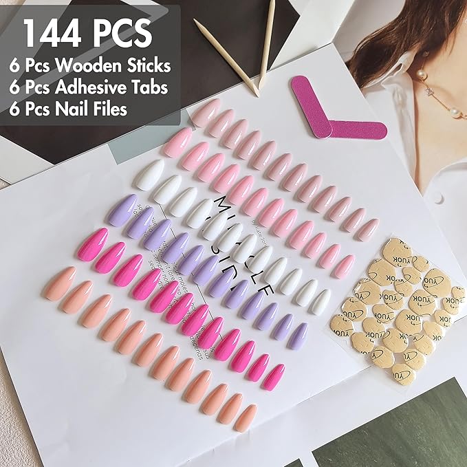 6 Packs Press On Nails Almond, KQueenest Acrylic Press On Nails Medium, Stiletto Fake Nails Press Ons, Natural Color Glossy Gel Glue On Nails Medium for Women Daily Wear 144 Pcs